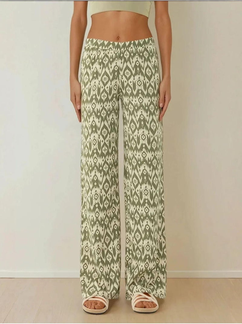 Pantalon à motifs taille haute et jambes larges Vert pastel - Kiabi