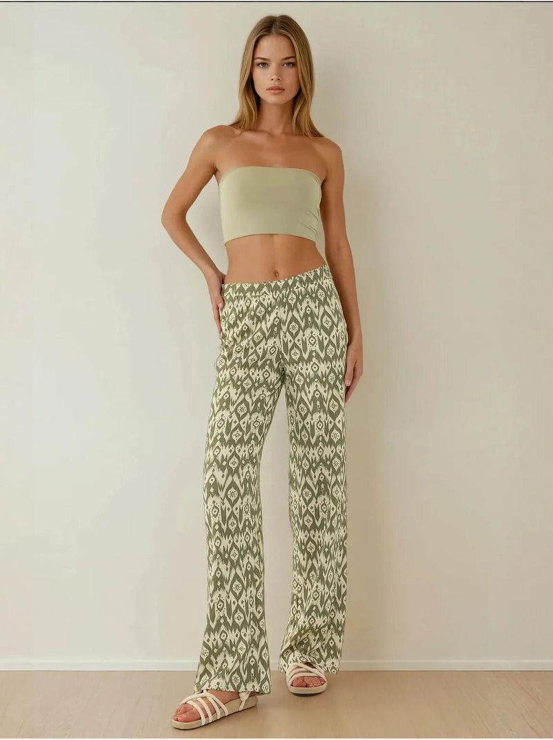 Pantalon à motifs taille haute et jambes larges Vert pastel - Kiabi