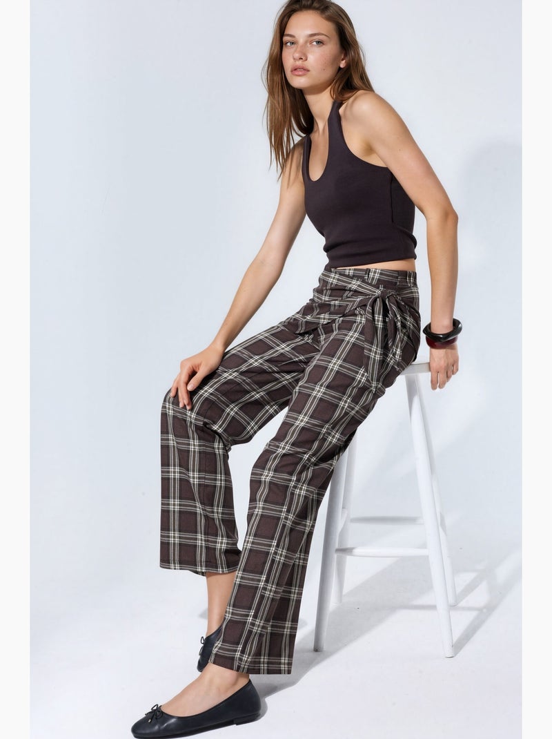 Pantalon à taille haute, carreaux, jambe large hiccup Marron - Kiabi