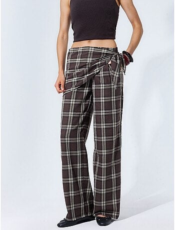 Pantalon à taille haute, carreaux, jambe large