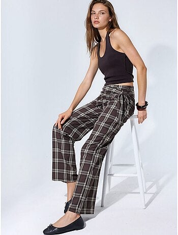 Pantalon à taille haute, carreaux, jambe large