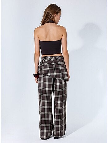 Pantalon à taille haute, carreaux, jambe large