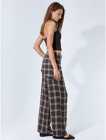 Pantalon à taille haute, carreaux, jambe large