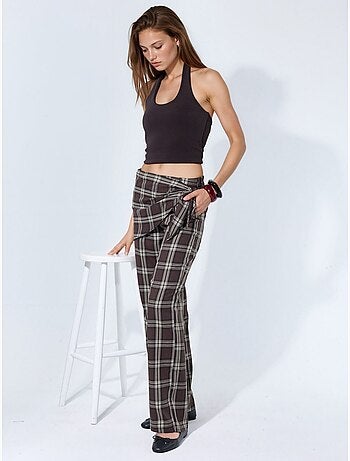 Pantalon à taille haute, carreaux, jambe large