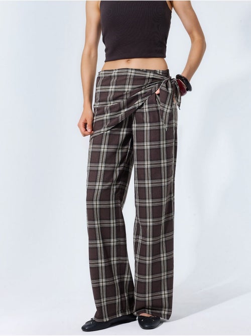 Pantalon à taille haute, carreaux, jambe large - Kiabi Pantalon à taille haute, carreaux, jambe large - Kiabi