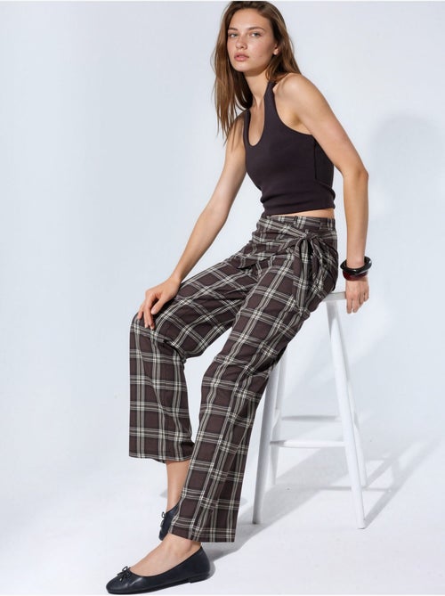 Pantalon à taille haute, carreaux, jambe large - Kiabi Pantalon à taille haute, carreaux, jambe large - Kiabi