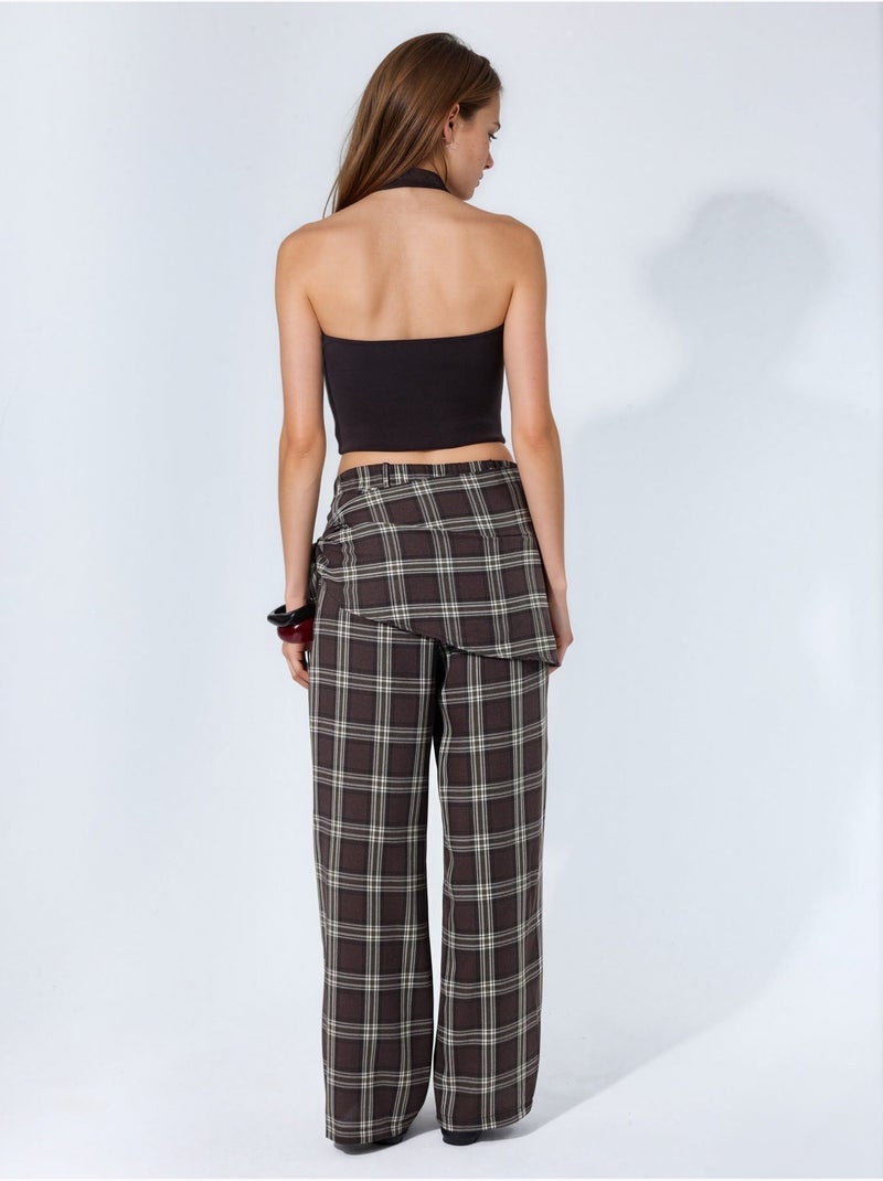 Pantalon à taille haute, carreaux, jambe large Marron - Kiabi
