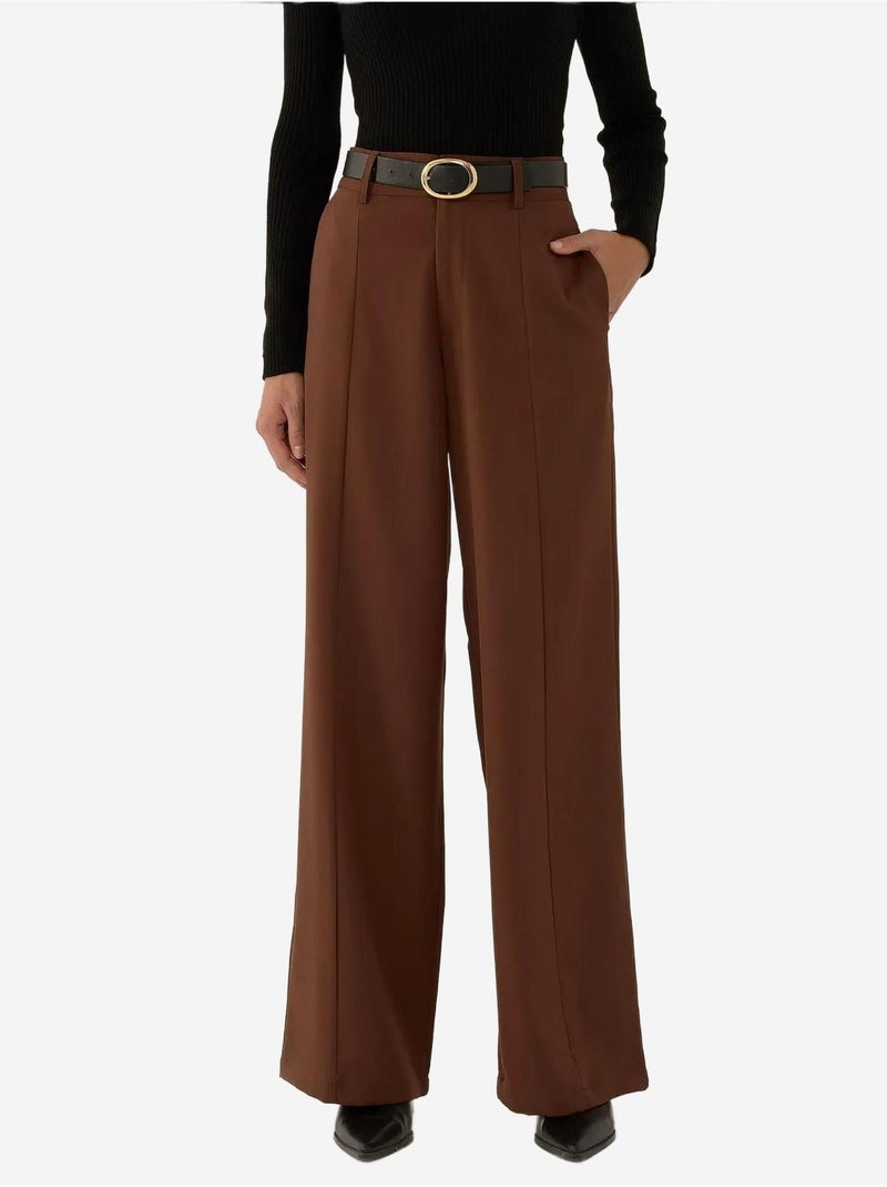 Pantalon à Taille Haute et Jambe Large Plissée Marron - Kiabi