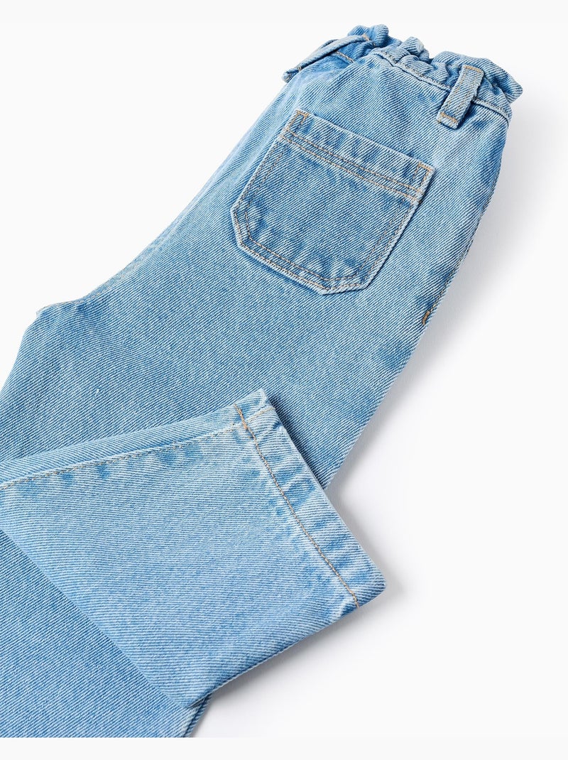 Pantalon baggy en jean à taille paperbag Bleu clair - Kiabi