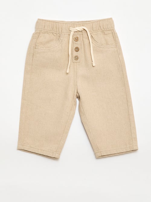 Pantalon beige uni en lin mélangé - Kiabi