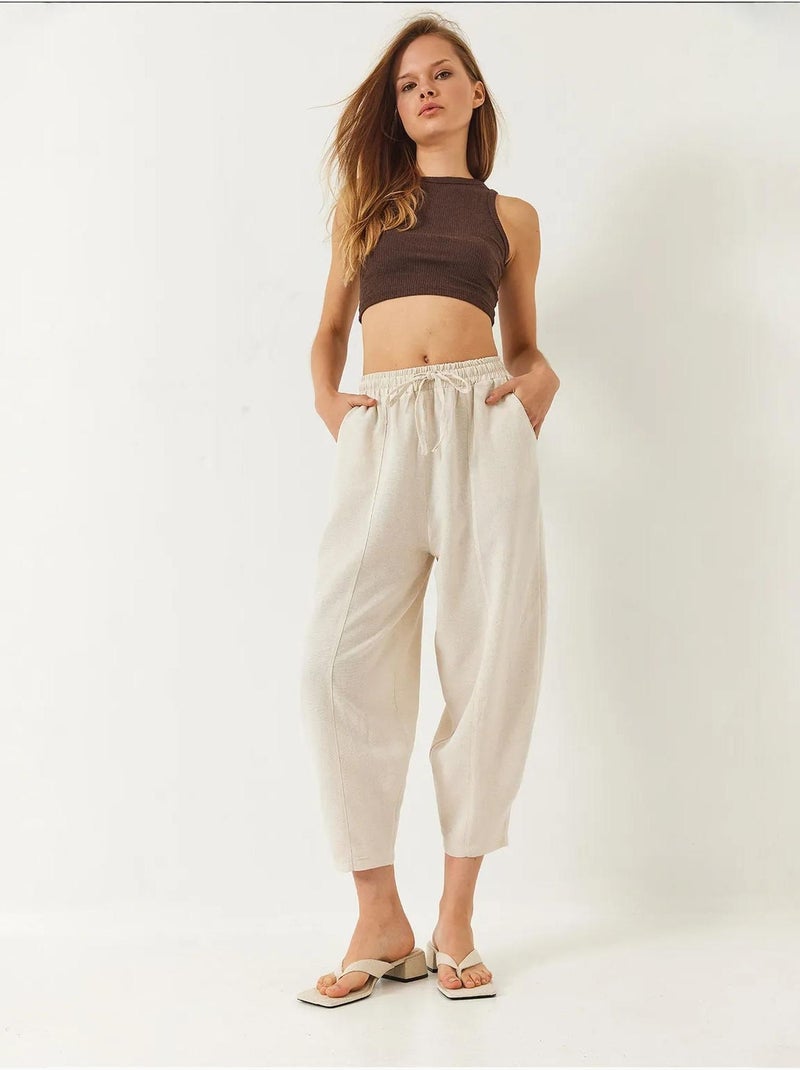 Pantalon bianco à taille élastique et entrejambe bas avec poches lucci Beige argile - Kiabi