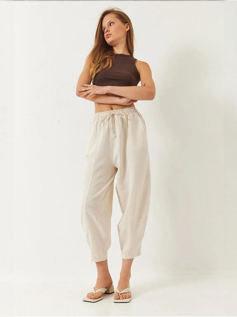Pantalon bianco à taille élastique et entrejambe bas avec poches lucci Beige argile - Kiabi