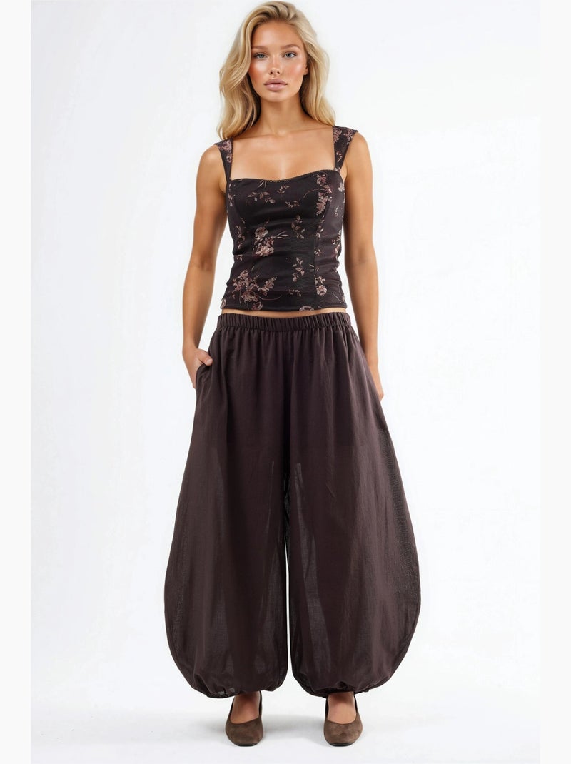 Pantalon bouffant à taille élastique avec poches busem Marron foncé - Kiabi