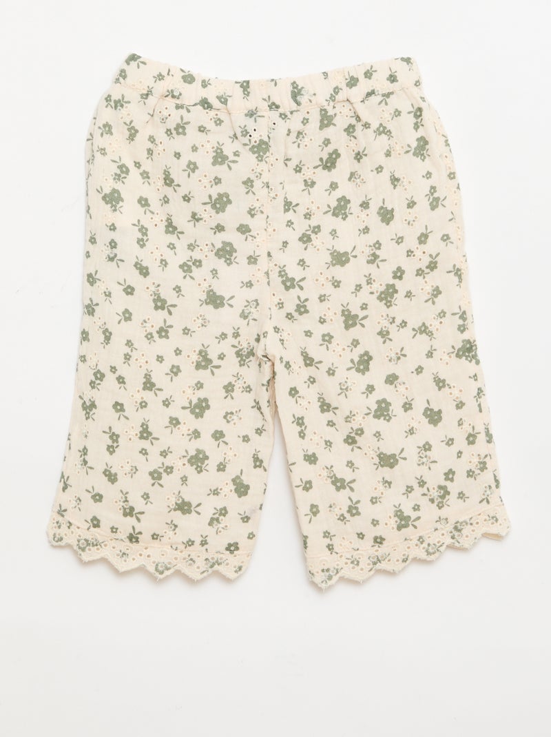 Pantalon brodé en gaze de coton Kaki - Kiabi