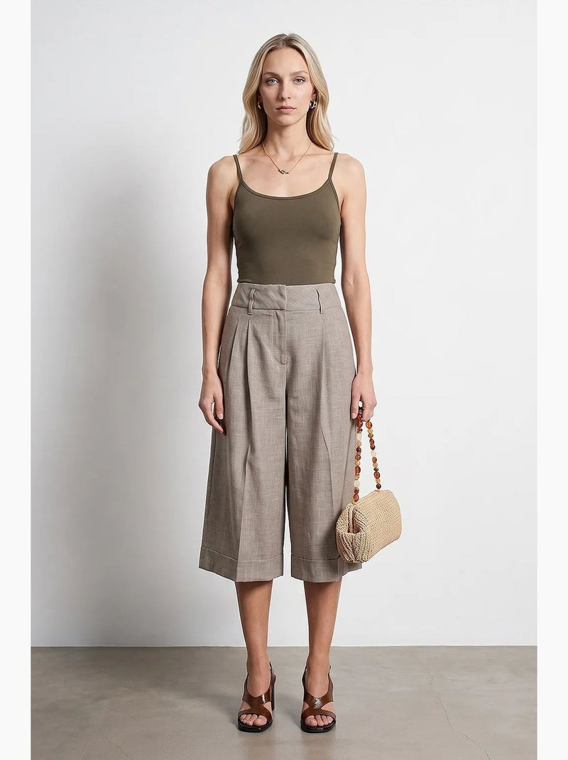 Pantalon capri à taille haute et jambe large plissée dilvin Sable - Kiabi