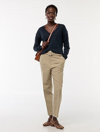 Pantalon carotte femme uni avec ceinture