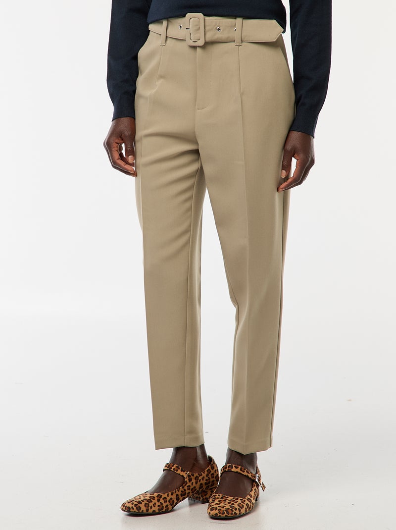Pantalon carotte femme ceinture web Vert - Kiabi