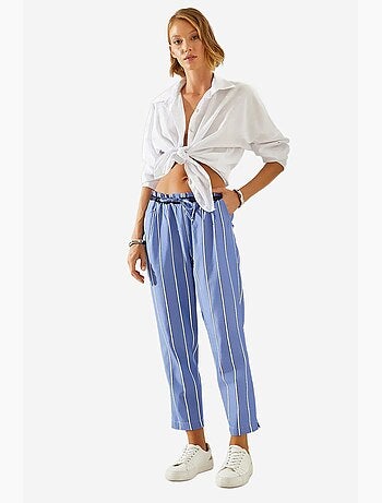 Pantalon carotte rayé à taille élastique et lien lucci
