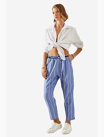 Pantalon carotte rayé à taille élastique et lien lucci