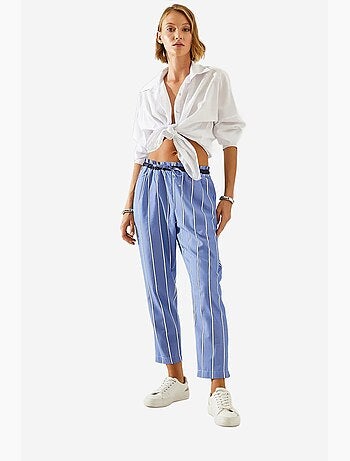 Pantalon carotte rayé à taille élastique et lien lucci