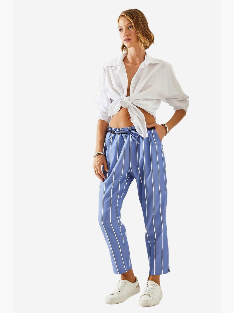 Pantalon carotte rayé à taille élastique et lien lucci Bleu Blanc - Kiabi