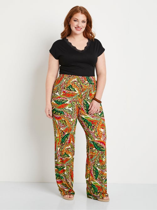 Pantalon ceinture élastiquée motif feuillage - Afibel - Kiabi