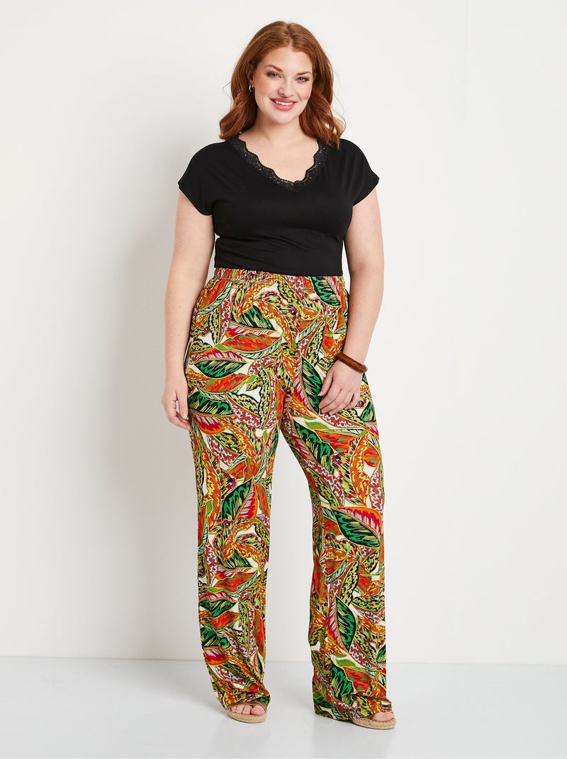 Pantalon ceinture élastiquée motif feuillage - Afibel Vert - Kiabi