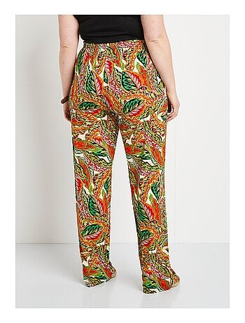 Pantalon ceinture élastiquée motif feuillage
