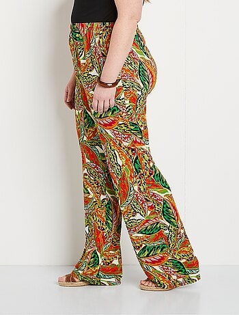 Pantalon ceinture élastiquée motif feuillage
