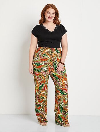 Pantalon ceinture élastiquée motif feuillage