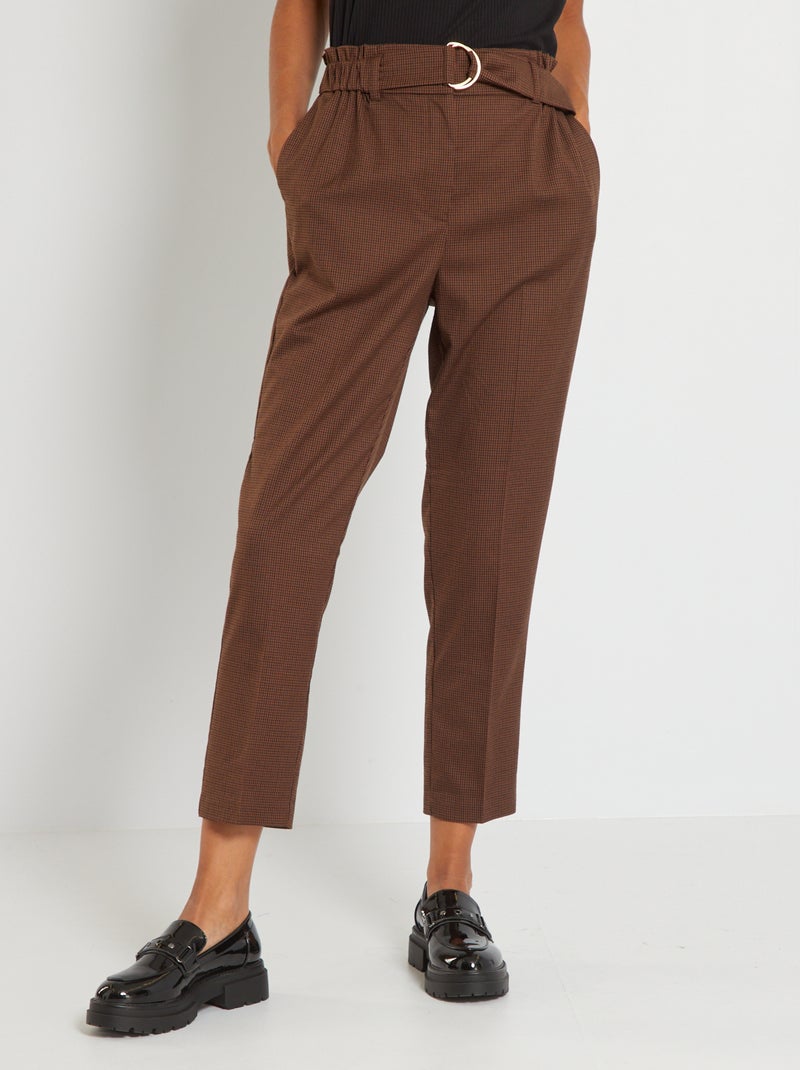 Pantalon ceinturé pied de poule Marron - Kiabi