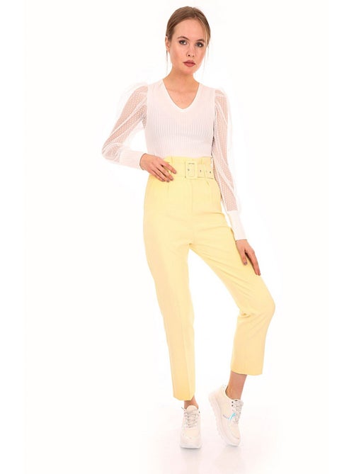 Pantalon Ceinturée Taille Haute - Jaune - Kiabi