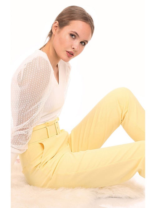 Pantalon Ceinturée Taille Haute - Jaune - Kiabi
