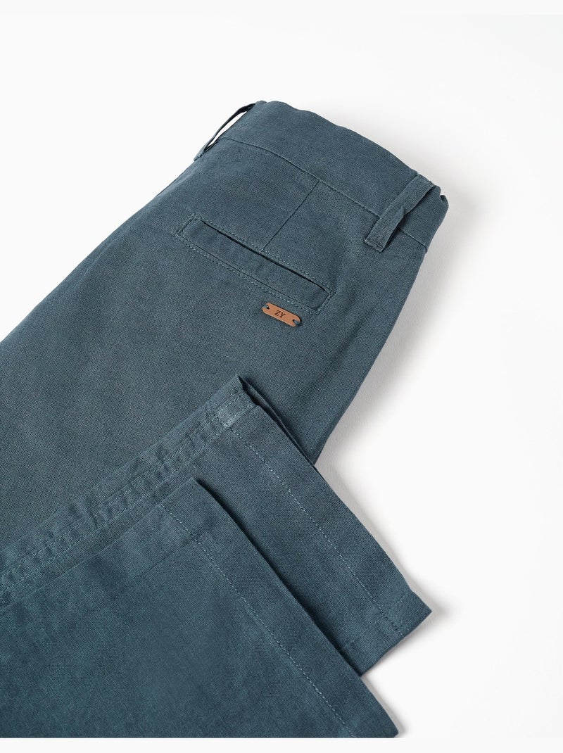 Pantalon chino à coupe droite en lin et coton Bleu foncé - Kiabi