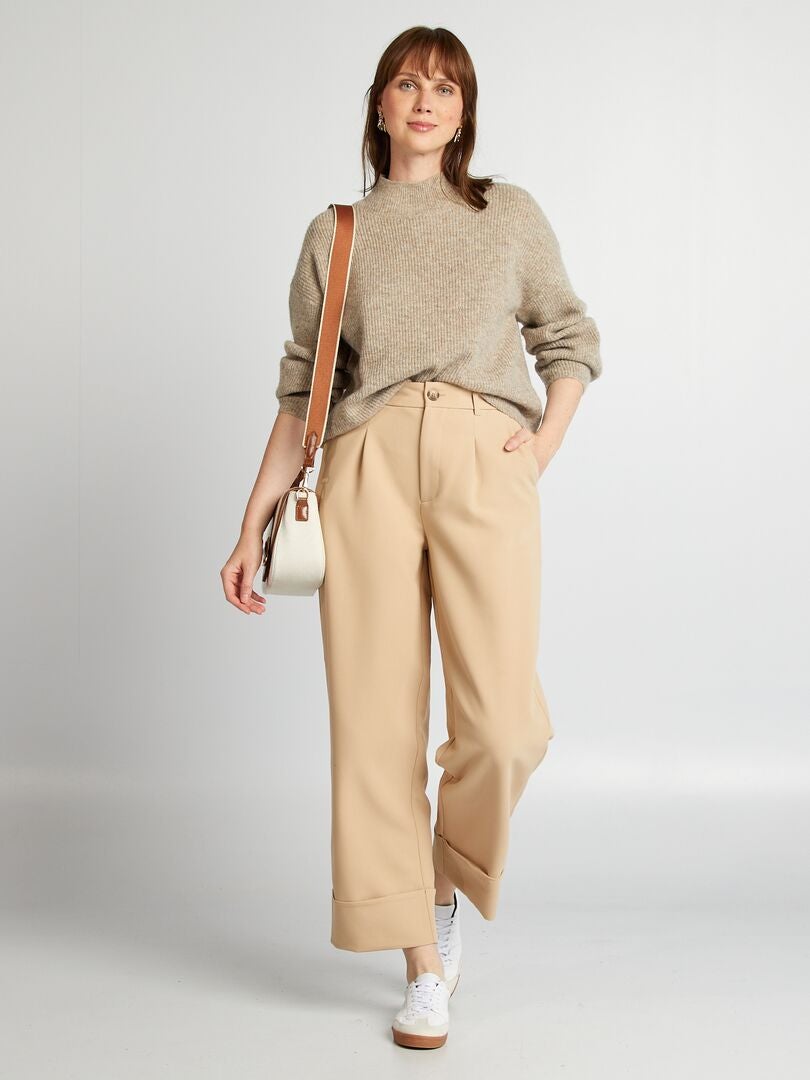 Pantalon cigarette à revers Beige - Kiabi