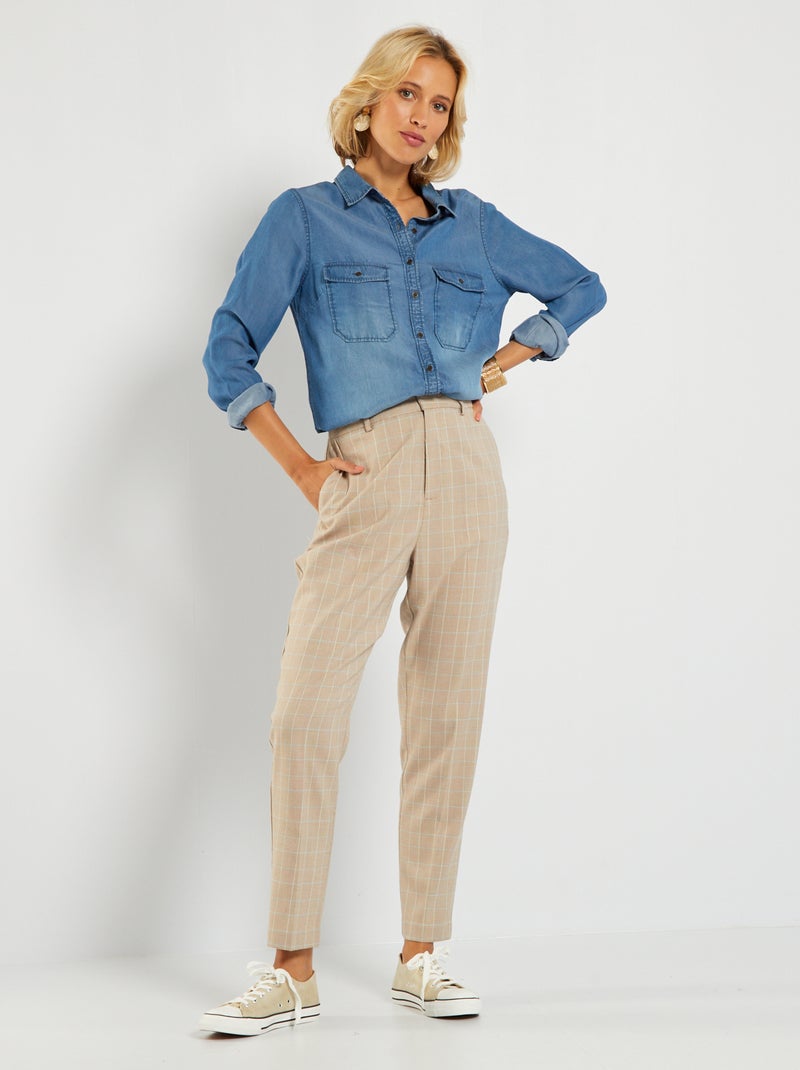 Pantalon cigarette 'prince de galles' Beige - Kiabi