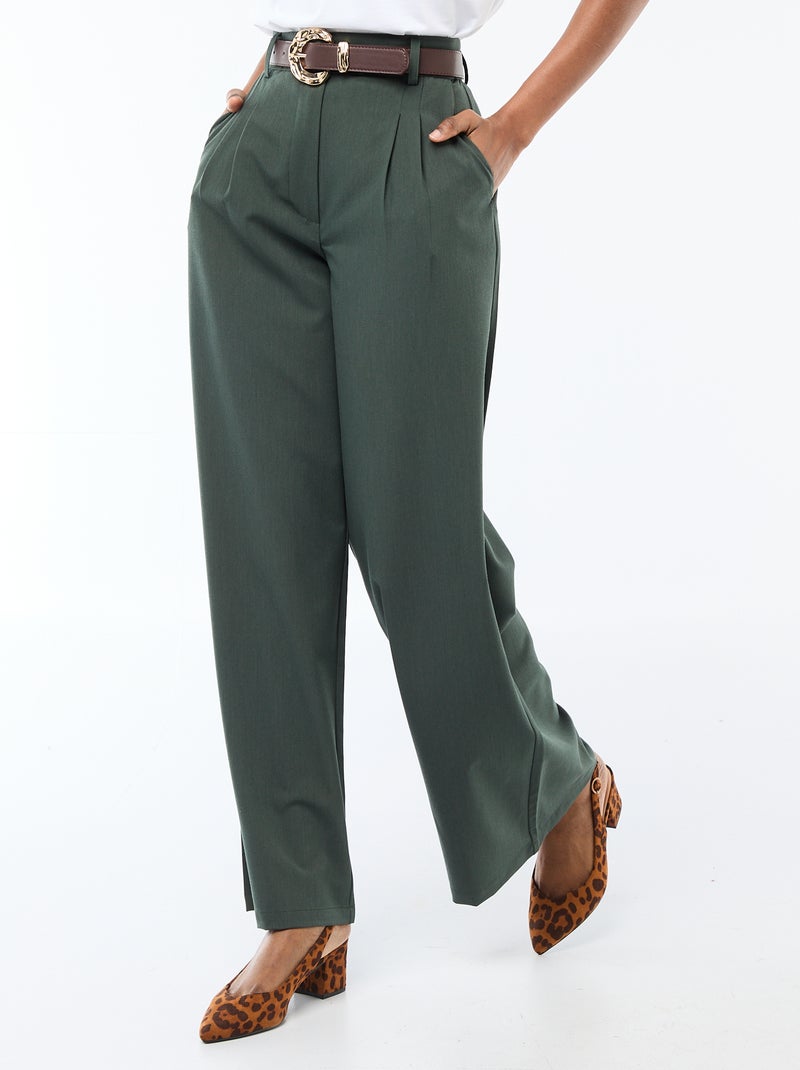 Pantalon city coupe large avec ceinture Vert - Kiabi