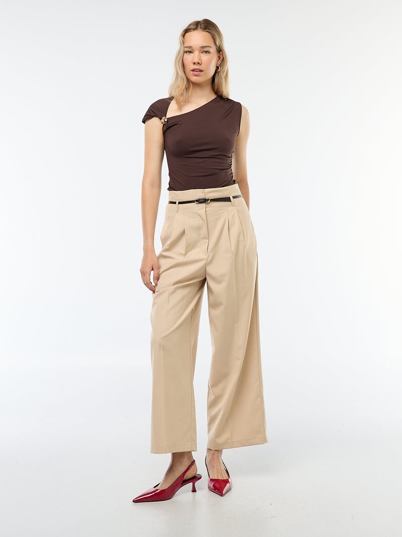 Pantalon city coupe large avec fine ceinture Beige - Kiabi