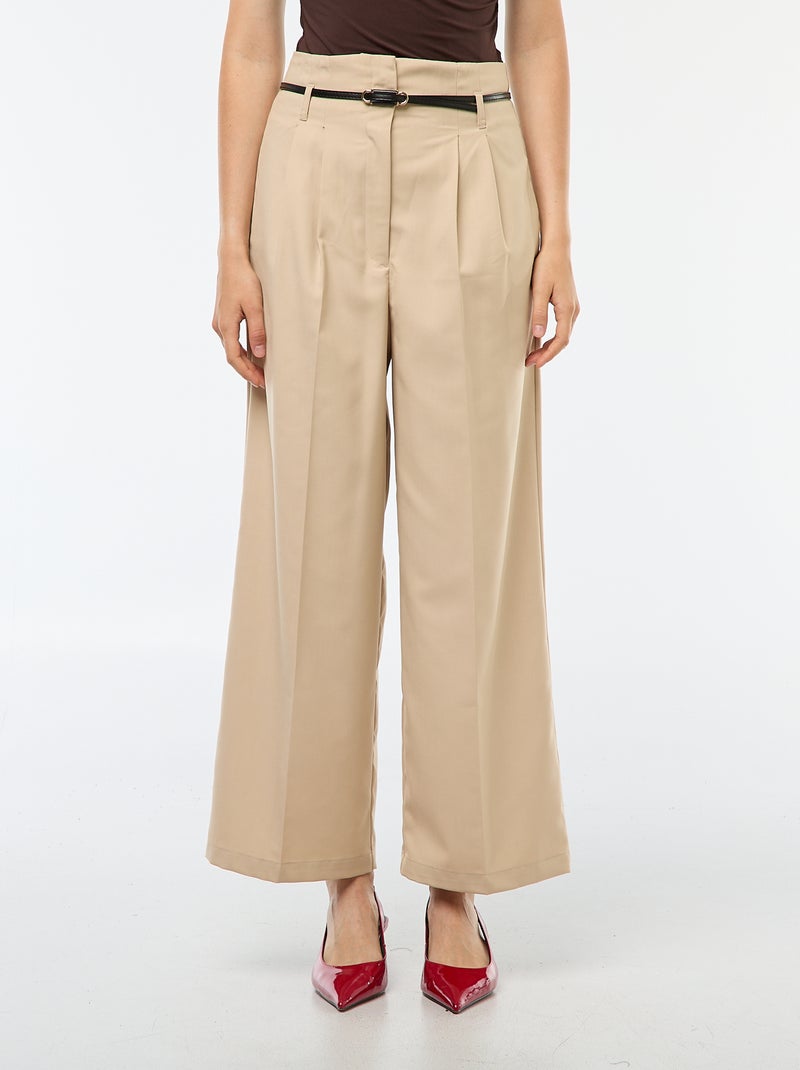 Pantalon city coupe large avec fine ceinture Beige - Kiabi