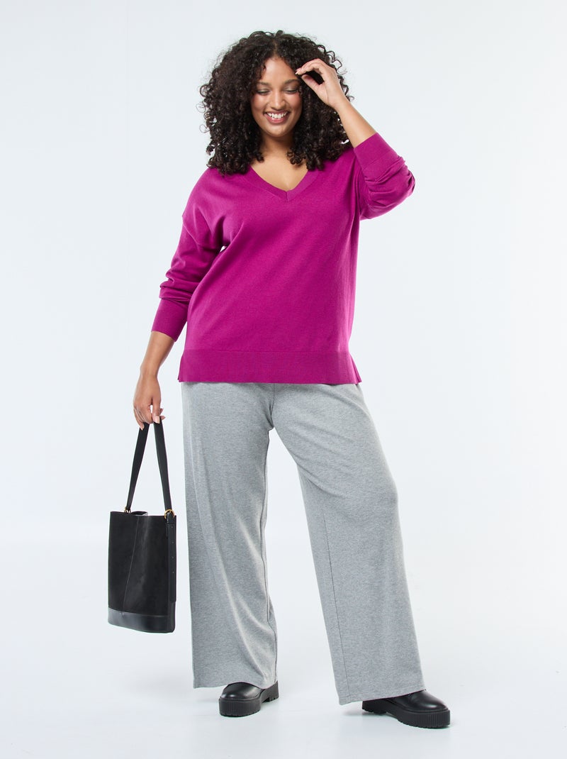 Pantalon côtelé large uni Gris - Kiabi