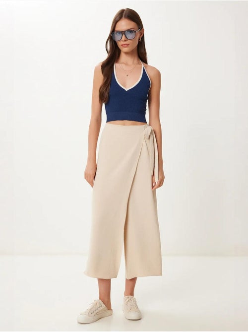 Pantalon court taille haute à jambes larges avec détail noué istanbul - Kiabi
