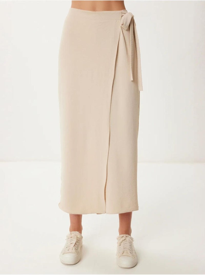 Pantalon court taille haute à jambes larges avec détail noué istanbul Crème - Kiabi