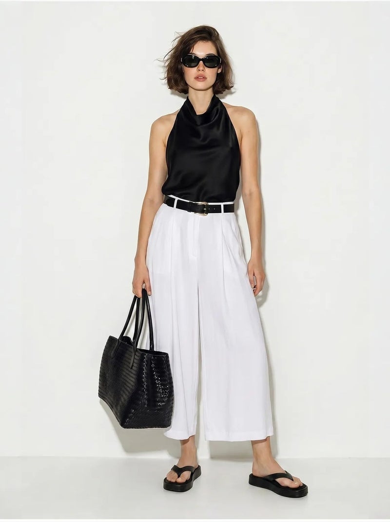 Pantalon culotte à taille haute et plis lucci Blanc - Kiabi