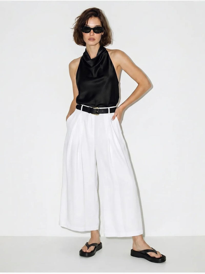 Pantalon culotte à taille haute et plis lucci Blanc - Kiabi