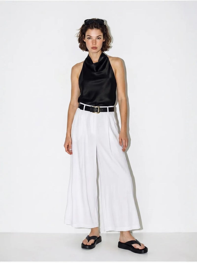 Pantalon culotte à taille haute et plis lucci Blanc - Kiabi