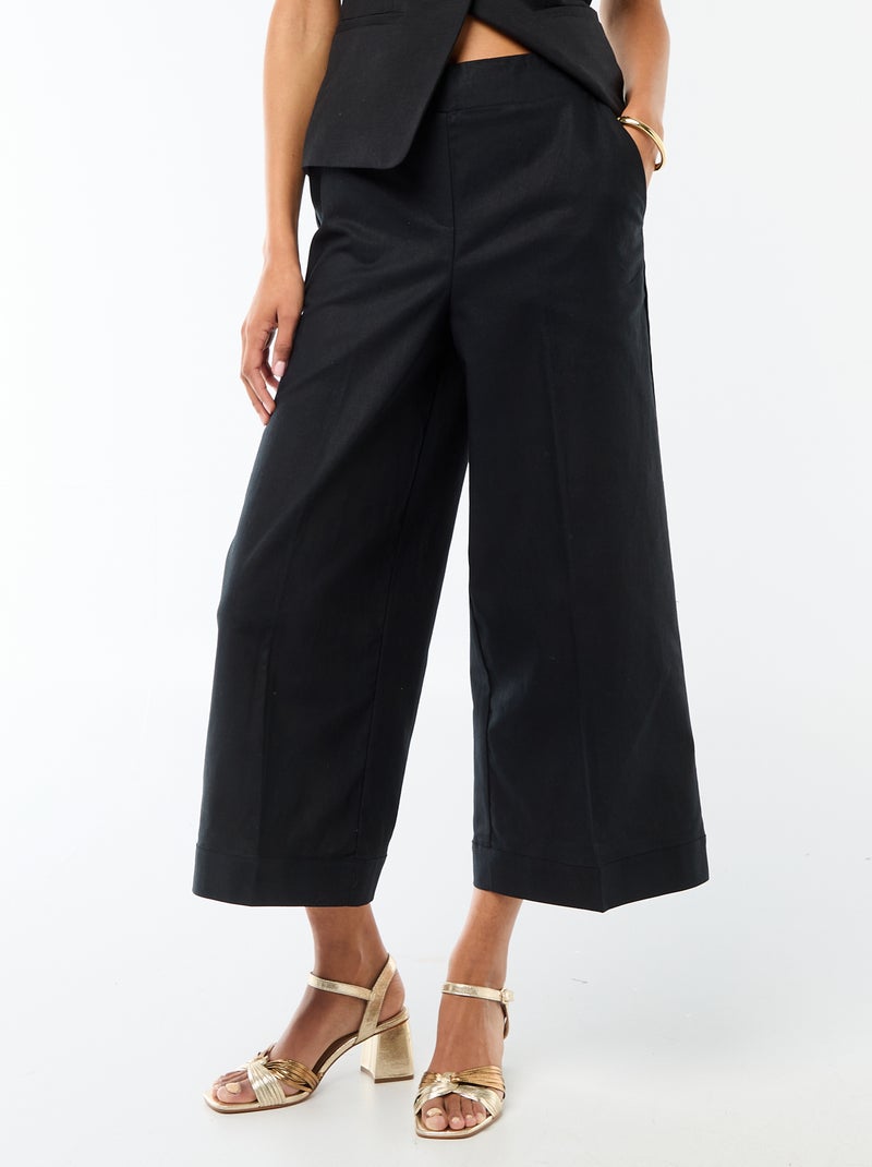 Pantalon culotte large en lin mélangé Noir - Kiabi