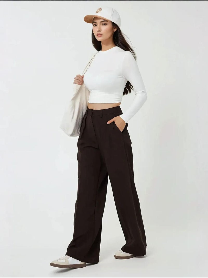 Pantalon de costume taille haute à jambes larges Marron chocolat - Kiabi