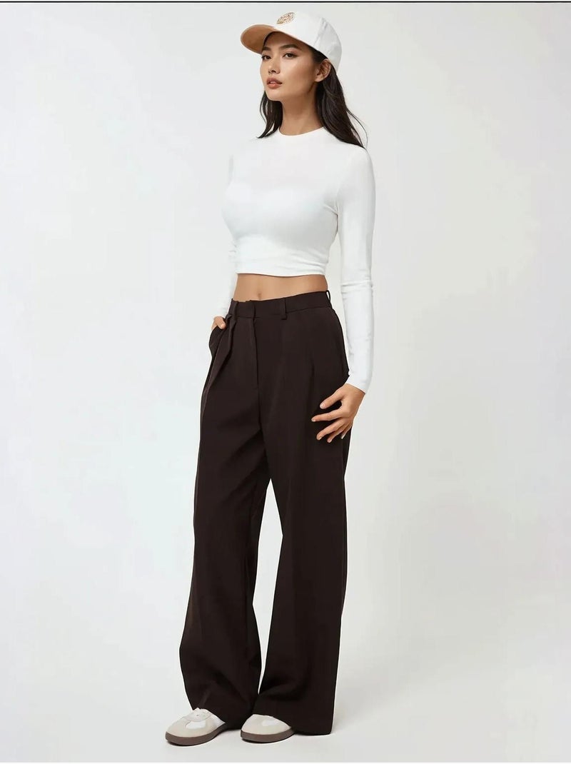 Pantalon de costume taille haute à jambes larges Marron chocolat - Kiabi
