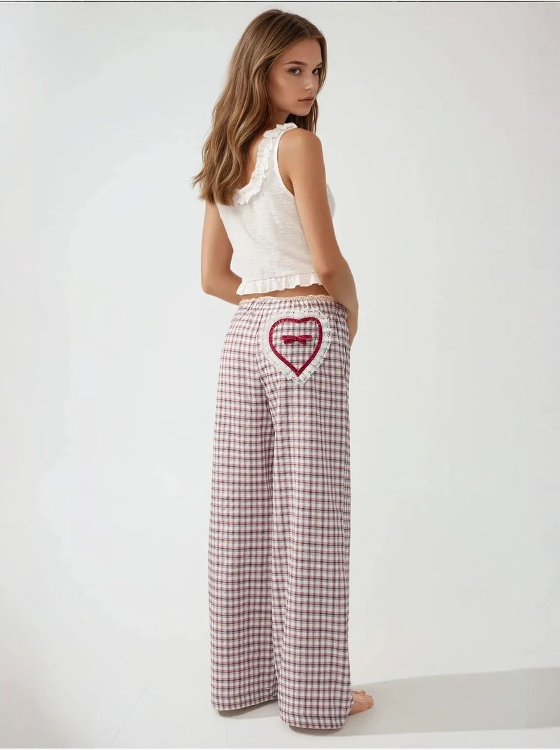 Pantalon de détente long à carreaux avec détail cœur dans le dos Rouge - Kiabi