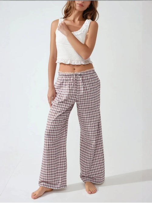 Pantalon de détente long à carreaux avec détail cœur dans le dos - Kiabi
